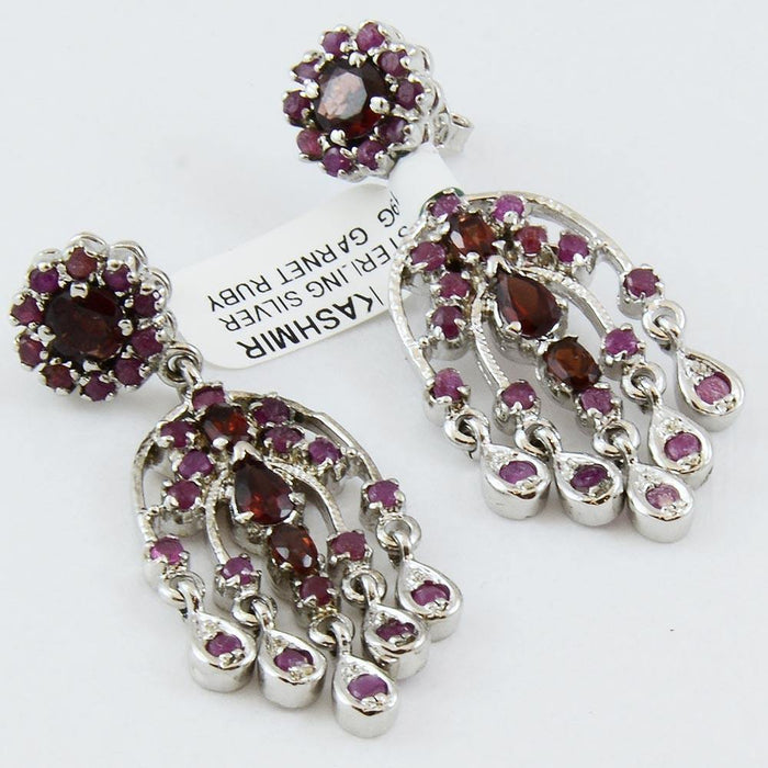 Hamsa Garnet Sterling Silver Earrings Chandelier Design - Kashmir Designs
