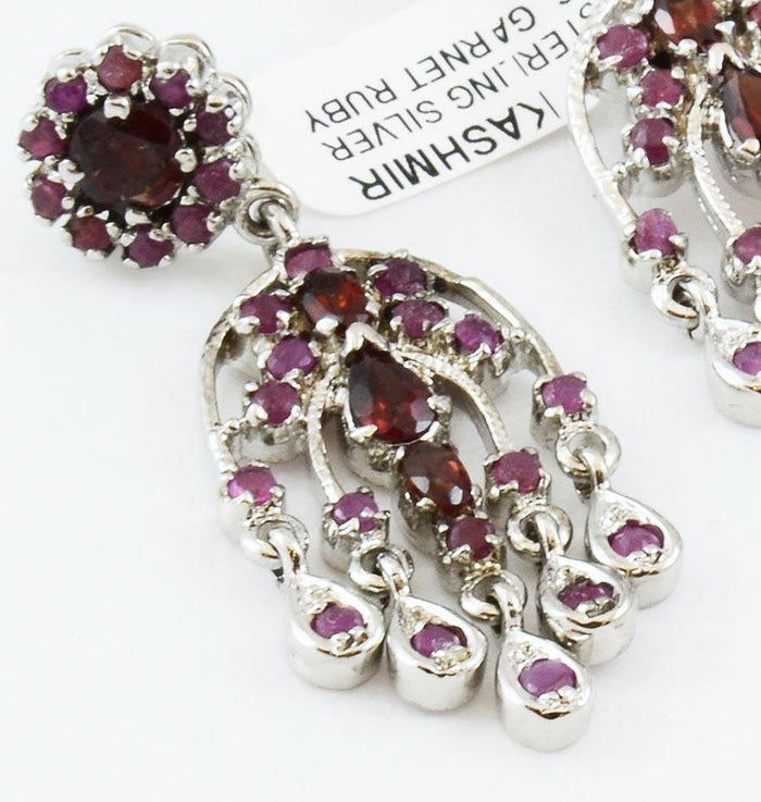 Hamsa Garnet Sterling Silver Earrings Chandelier Design - Kashmir Designs