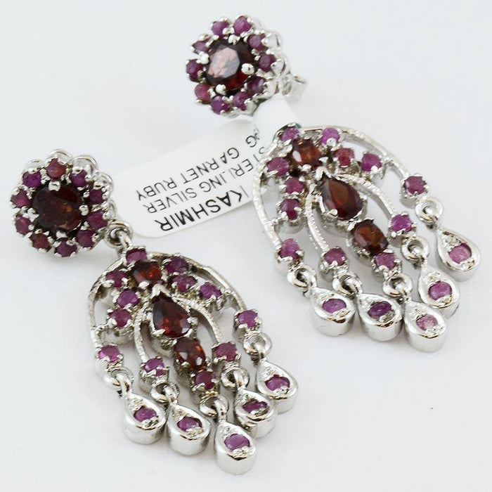 Hamsa Garnet Sterling Silver Earrings Chandelier Design - Kashmir Designs