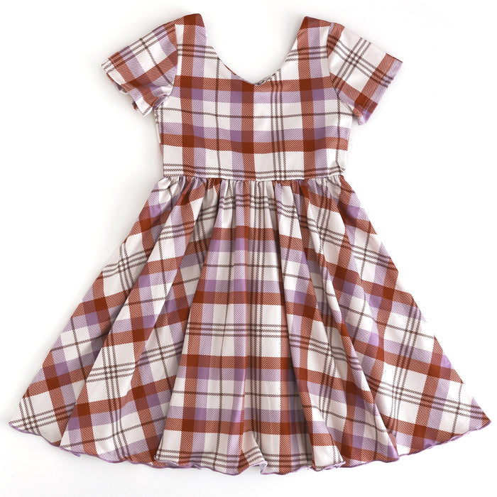 girls' v-neck short sleeve twirl dress in ivory with rust and purple plaid design