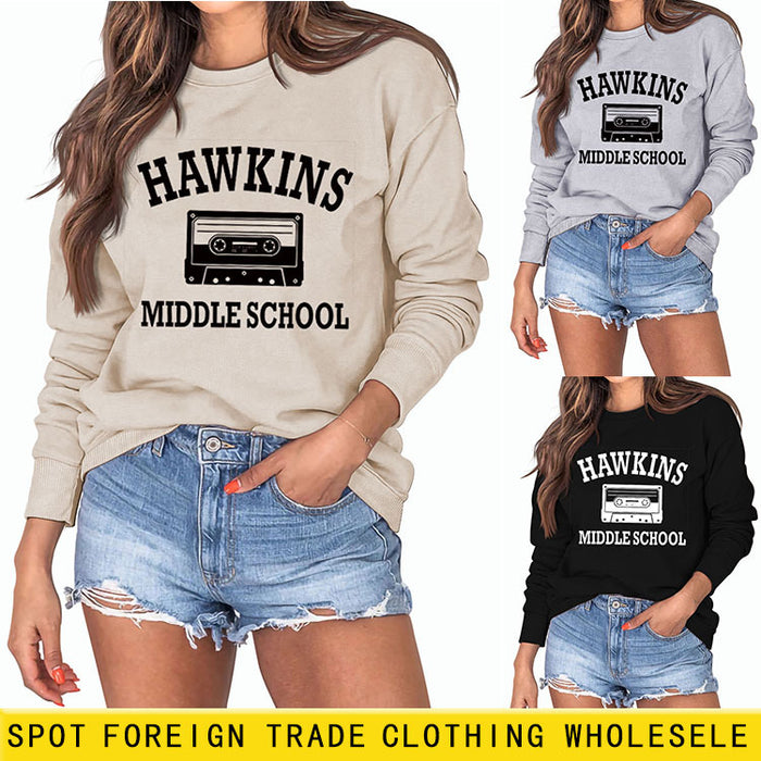 HAWKINS MIDDLE Letter Ladies Bottoming Round Neck Long Sleeve Plus Size Sweater