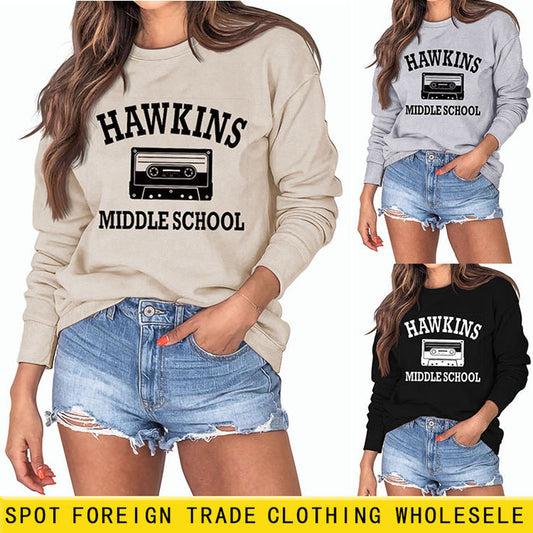 HAWKINS MIDDLE Letter Ladies Bottoming Round Neck Long Sleeve Plus Size Sweater