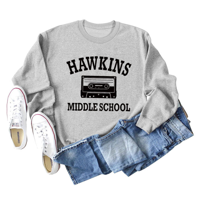 HAWKINS MIDDLE Letter Ladies Bottoming Round Neck Long Sleeve Plus Size Sweater
