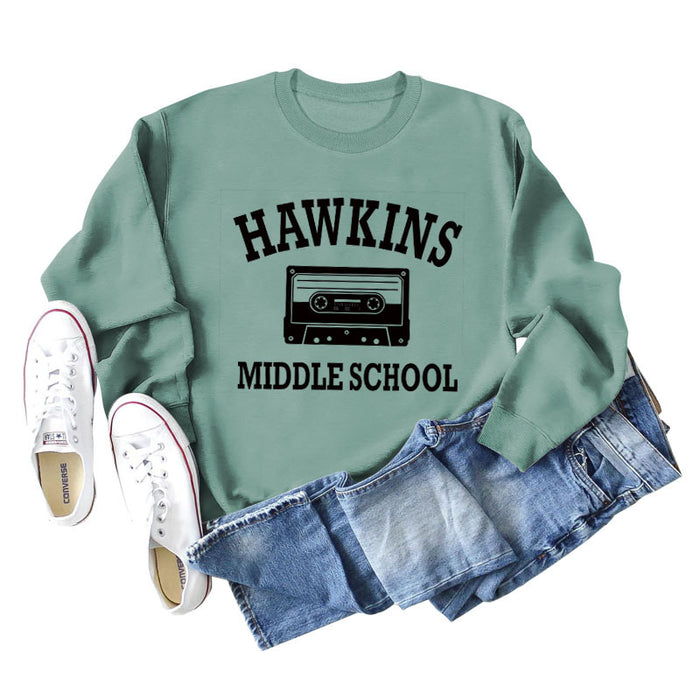 HAWKINS MIDDLE Letter Ladies Bottoming Round Neck Long Sleeve Plus Size Sweater