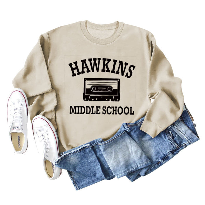 HAWKINS MIDDLE Letter Ladies Bottoming Round Neck Long Sleeve Plus Size Sweater
