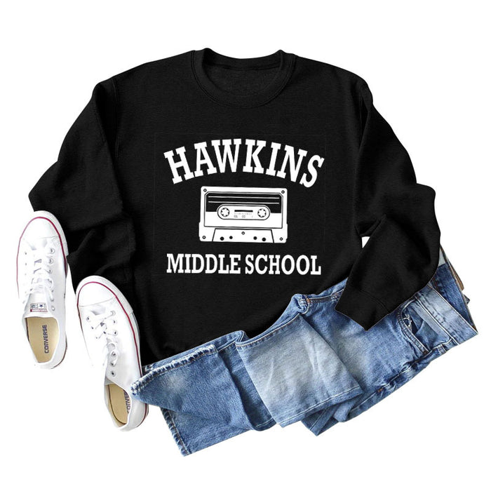 HAWKINS MIDDLE Letter Ladies Bottoming Round Neck Long Sleeve Plus Size Sweater
