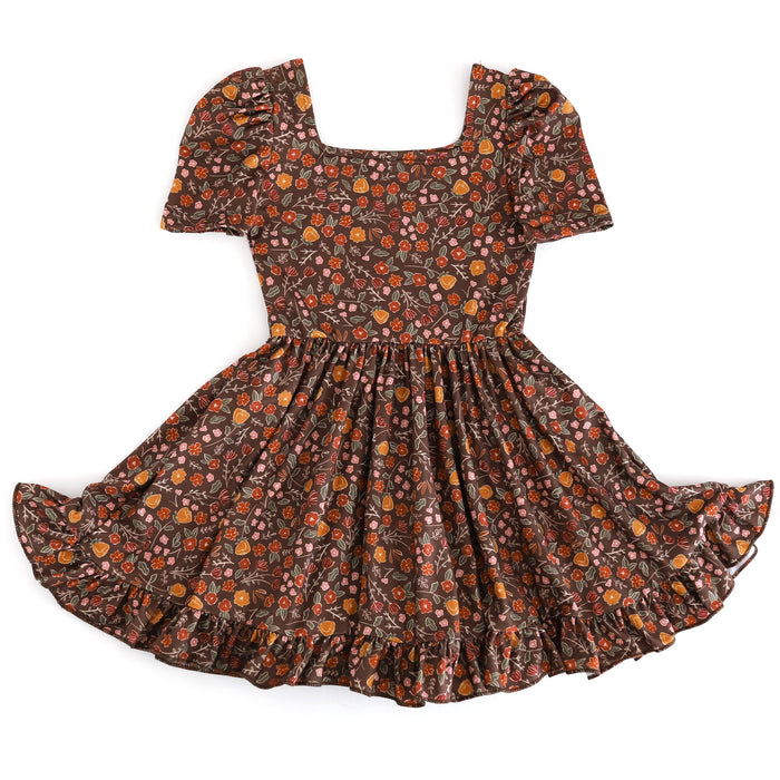 girls' brown fall floral square neck twirl dress with short sleeves and ruffled hem