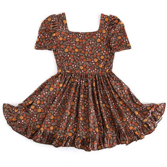girls' brown fall floral square neck twirl dress with short sleeves and ruffled hem