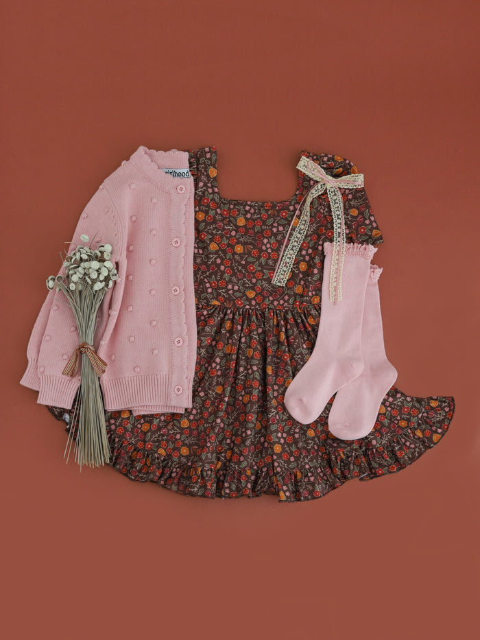 girls' brown fall floral twirl dress paired with matching light pink cotton knit sweater and lace top knee socks
