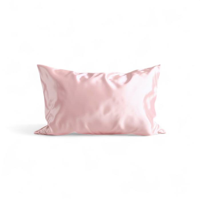 Pink satin pillowcase on a white background