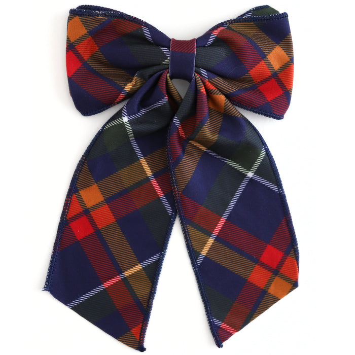 girls' oversized navy plaid double bow on clip to match back to school dress