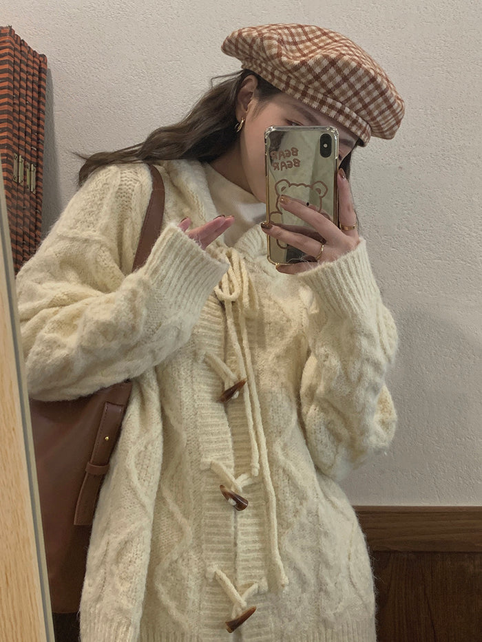 ♡ Horn Button Twisted Hooded Sweater ♡