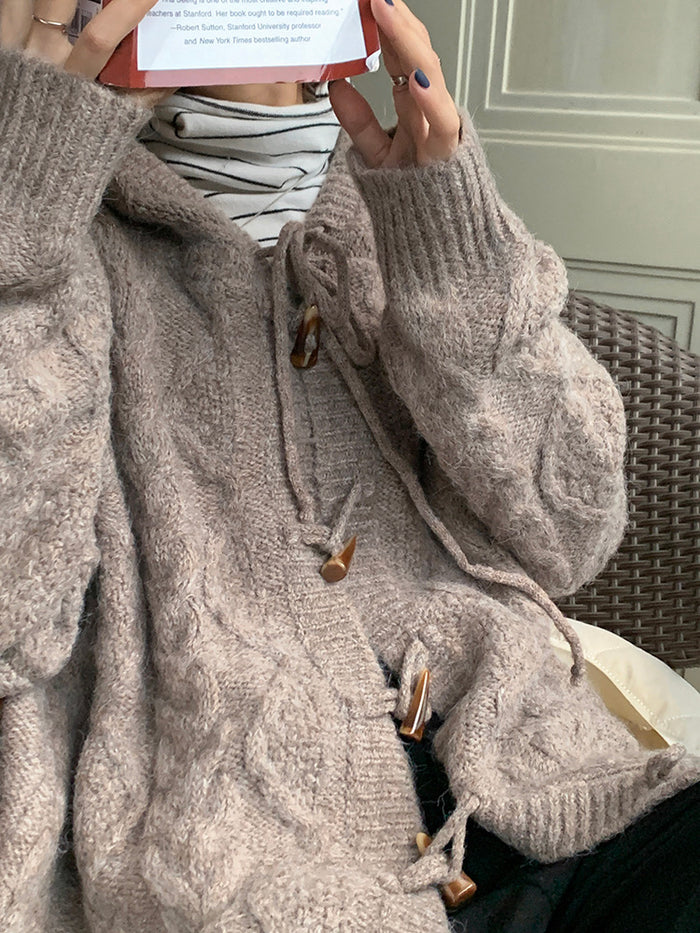 ♡ Horn Button Twisted Hooded Sweater ♡