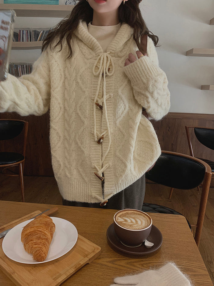 ♡ Horn Button Twisted Hooded Sweater ♡