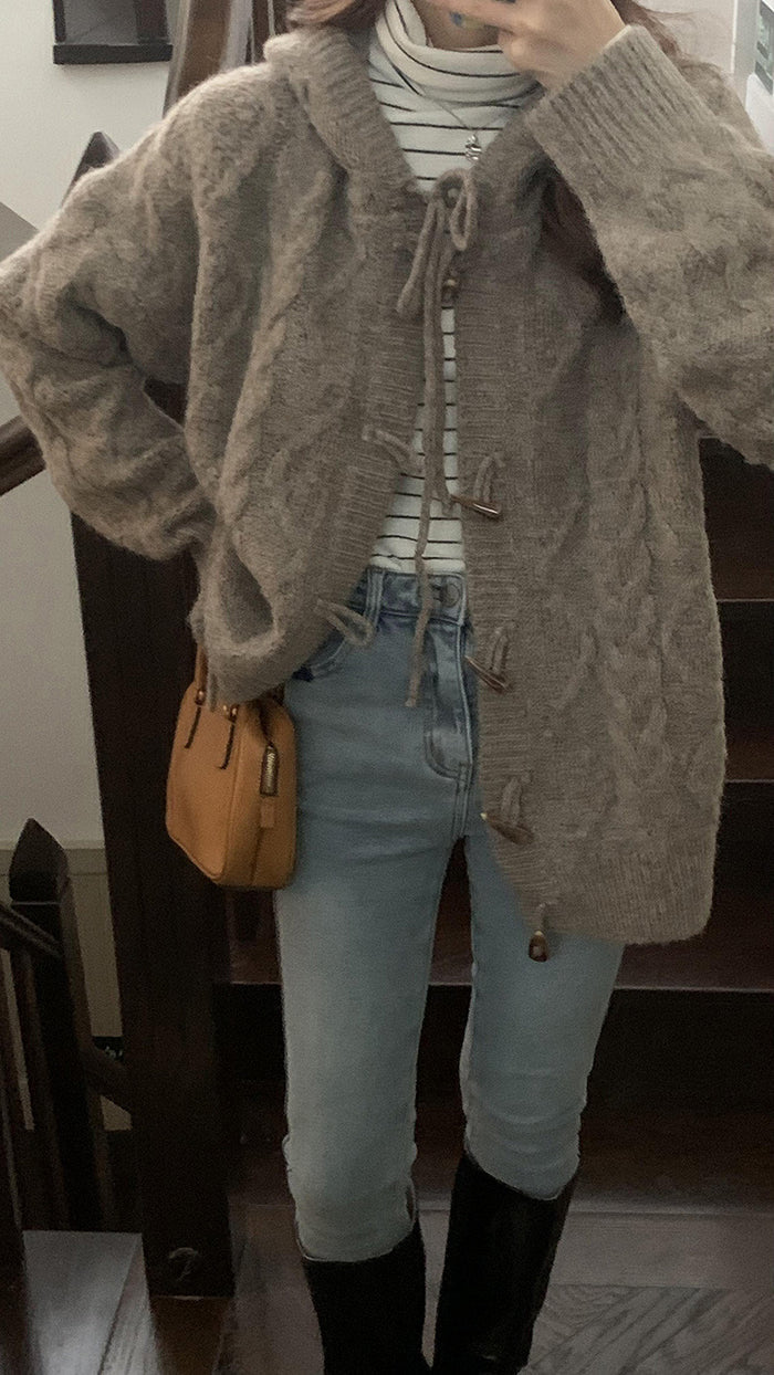 ♡ Horn Button Twisted Hooded Sweater ♡