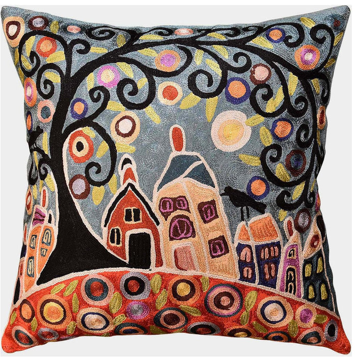 House Barn Birds & Tree Karla Gerard Pillow Cover Handmade Art Silk 18"x18" - KashmirDesigns