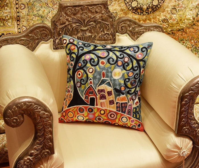 House Barn Birds & Tree Karla Gerard Pillow Cover Handmade Art Silk 18"x18" - KashmirDesigns