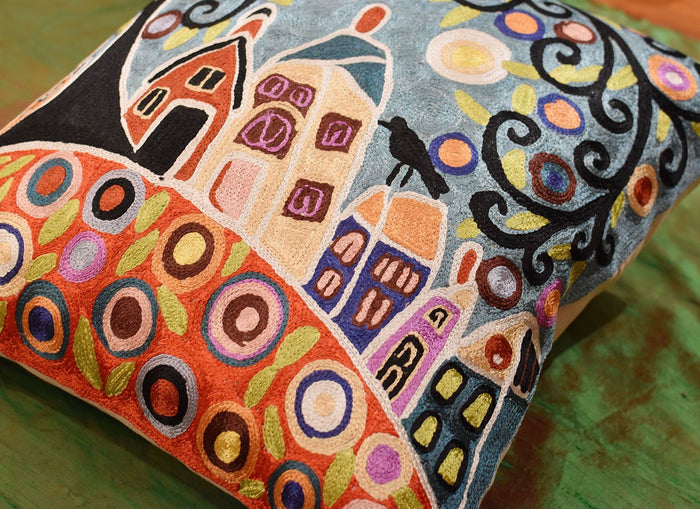 House Barn Birds & Tree Karla Gerard Pillow Cover Handmade Art Silk 18"x18" - KashmirDesigns