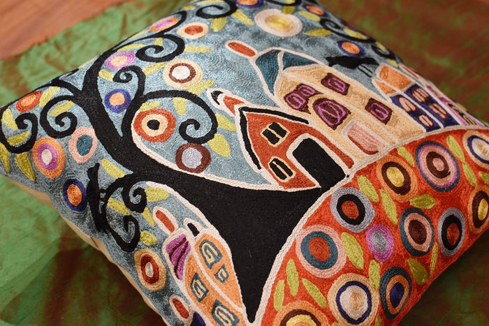 House Barn Birds & Tree Karla Gerard Pillow Cover Handmade Art Silk 18"x18" - KashmirDesigns