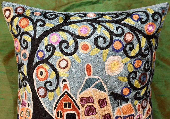 House Barn Birds & Tree Karla Gerard Pillow Cover Handmade Art Silk 18"x18" - KashmirDesigns