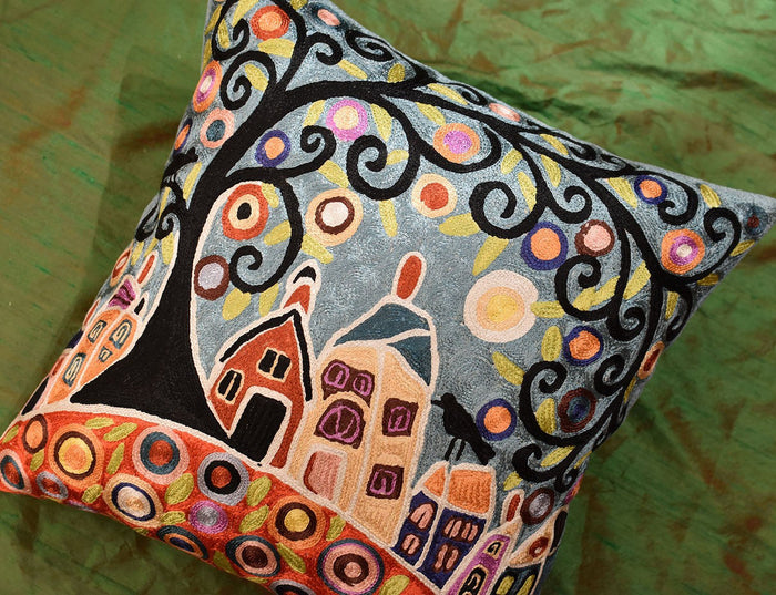 House Barn Birds & Tree Karla Gerard Pillow Cover Handmade Art Silk 18"x18" - KashmirDesigns