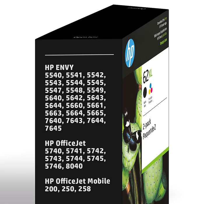 HP 62XL High-Yield Black and Tri-Color Ink Cartridges, 2-Pack