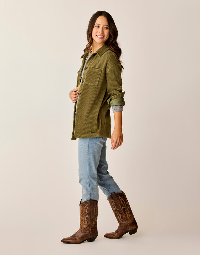 Hudson Stretch Cord Shacket: Fir