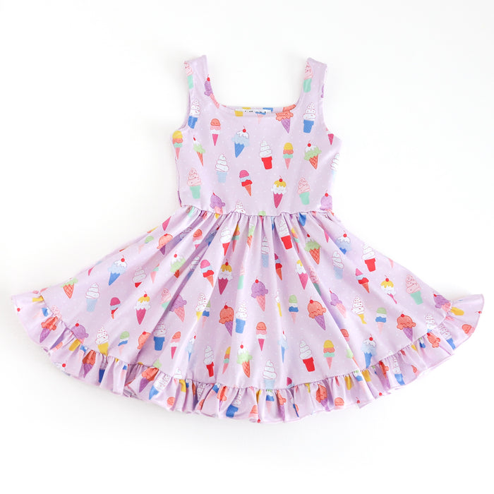 girls' ice cream themed tank twirl dress with multicolored ice cream cones printed on light purple background