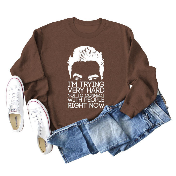 I'M TRYING VERY HARD Letters Round Neck Print Long-sleeved Large Size Sweater