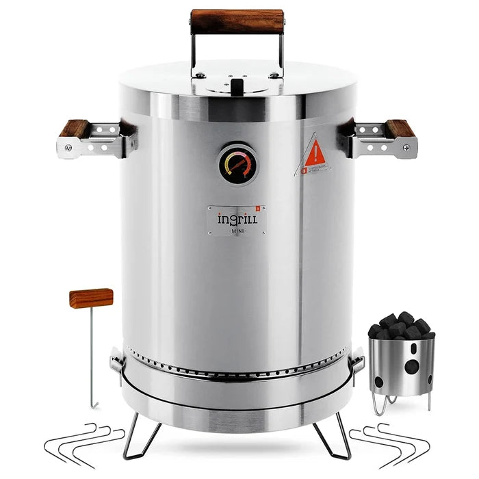 INGRILL 3-in-1 Basic Mini Stainless Steel Charcoal Smoker Grill – Ultra-Portable BBQ with Thermometer & Accessories, 6 lbs