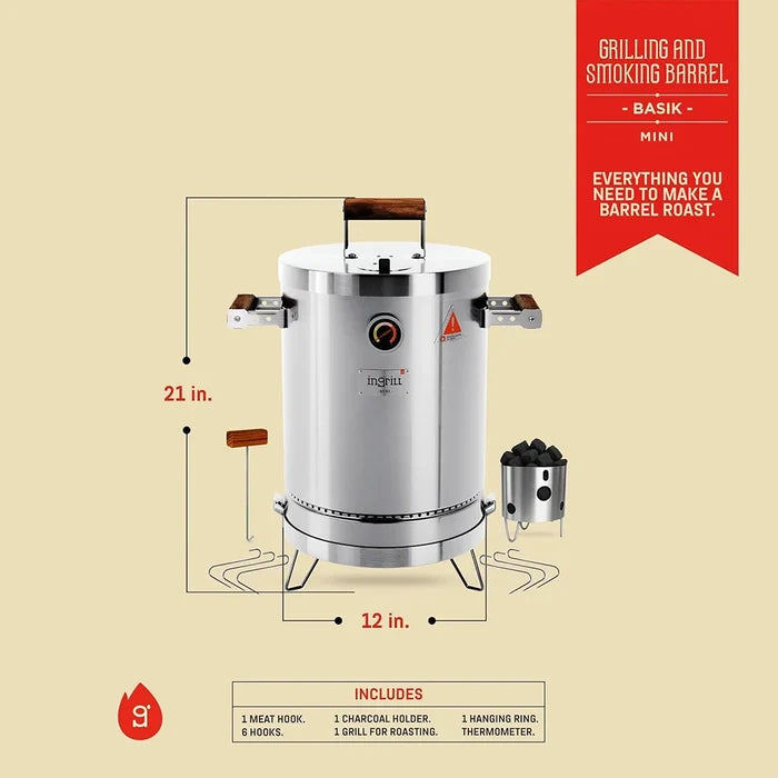 INGRILL 3-in-1 Basic Mini Stainless Steel Charcoal Smoker Grill – Ultra-Portable BBQ with Thermometer & Accessories, 6 lbs