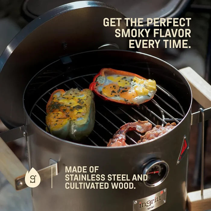 INGRILL 3-in-1 Basic Mini Stainless Steel Charcoal Smoker Grill – Ultra-Portable BBQ with Thermometer & Accessories, 6 lbs