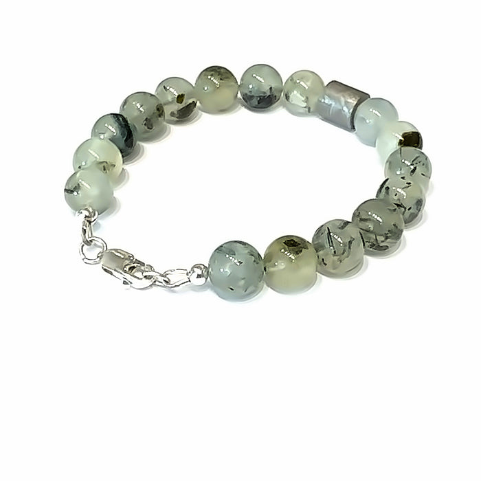 Iron Meteorite & Prehnite Bracelet on white back angle view