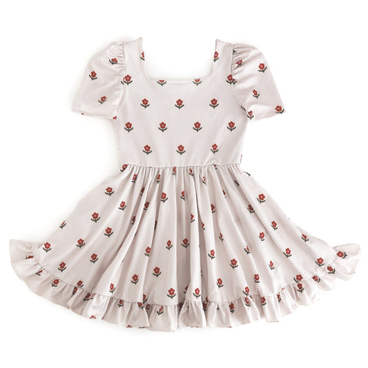 girls light cream square neck twirl dress with small rust floral design for fall