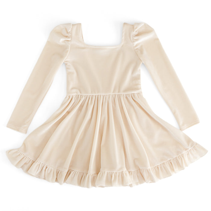 long-sleeve ivory velvet girls twirl dress with square neck photographed on a white clean background