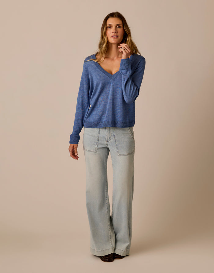 Juliet V-Neck Sweater: Denim Heather