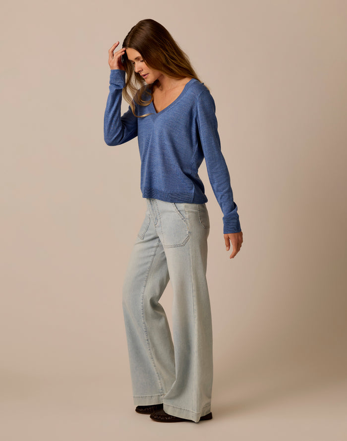 Juliet V-Neck Sweater: Denim Heather