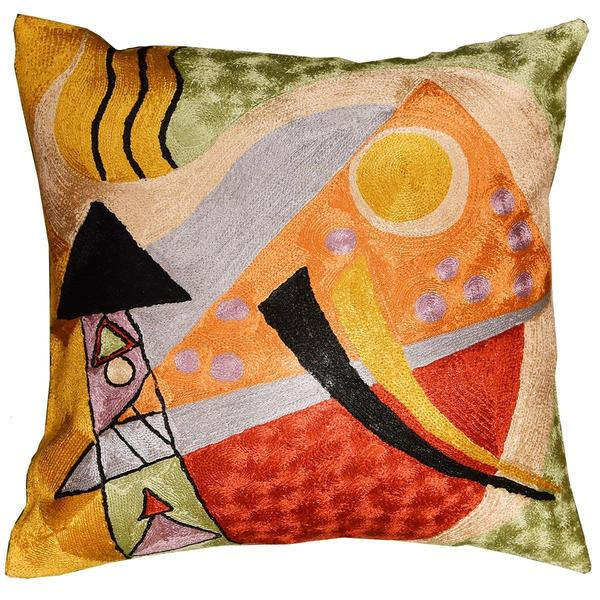 Kandinsky Abstract Composition Silk Throw Pillow Cover Hand embroidered 18x18" - KashmirDesigns