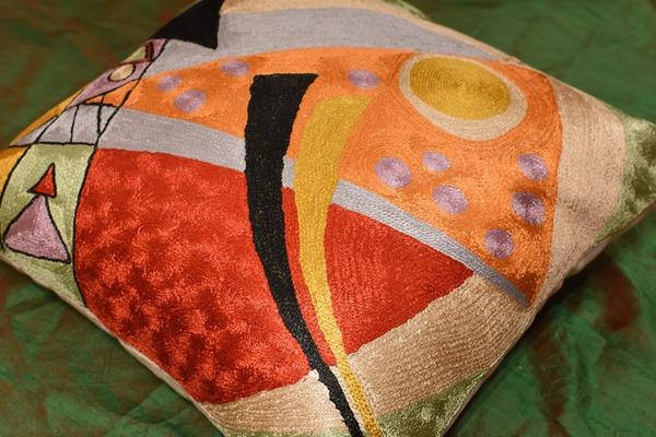 Kandinsky Abstract Composition Silk Throw Pillow Cover Hand embroidered 18x18" - KashmirDesigns