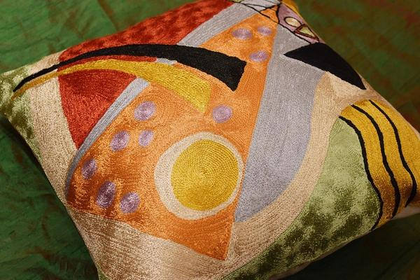 Kandinsky Abstract Composition Silk Throw Pillow Cover Hand embroidered 18x18" - KashmirDesigns