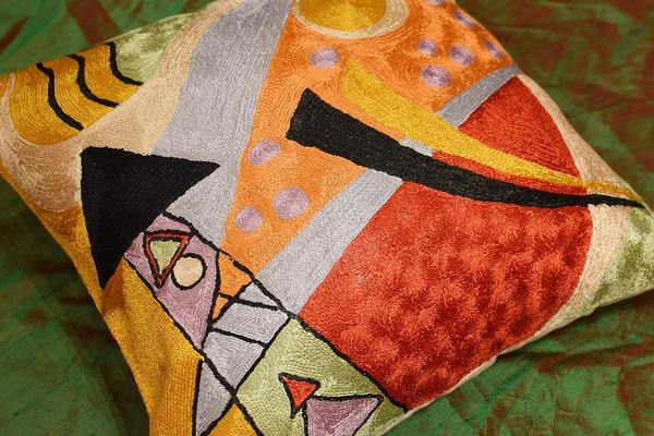 Kandinsky Abstract Composition Silk Throw Pillow Cover Hand embroidered 18x18" - KashmirDesigns