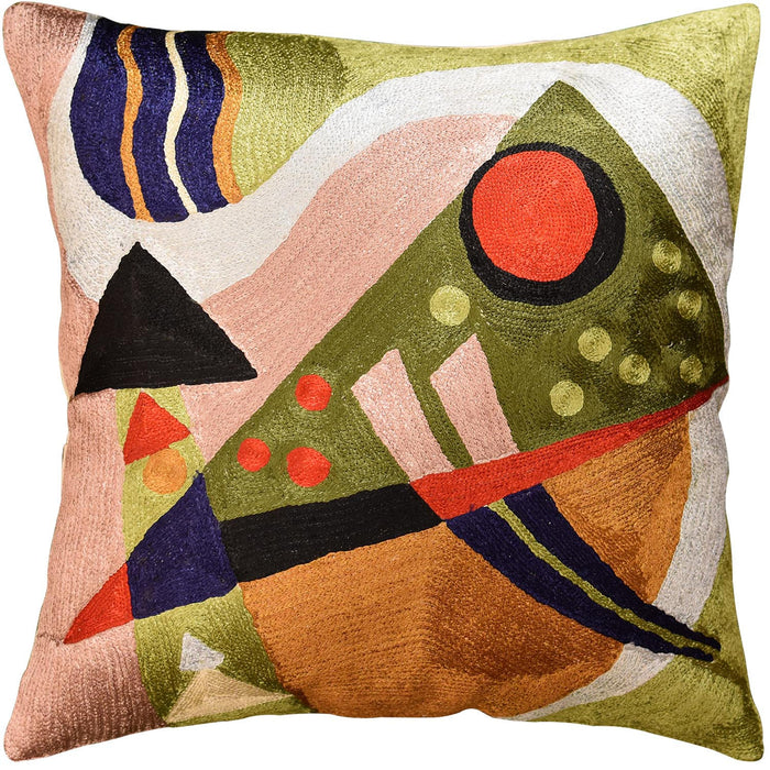 Kandinsky Green Composition II Pillow Cover Handembroidered Art Silk 18"x18" - KashmirDesigns