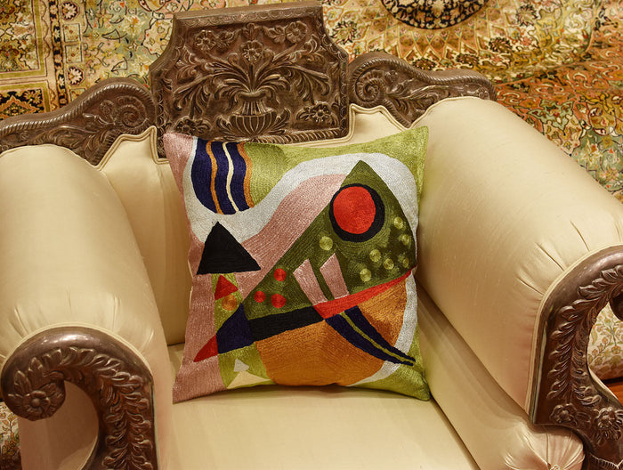 Kandinsky Green Composition II Pillow Cover Handembroidered Art Silk 18"x18" - KashmirDesigns