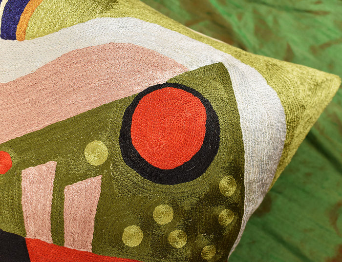 Kandinsky Green Composition II Pillow Cover Handembroidered Art Silk 18"x18" - KashmirDesigns