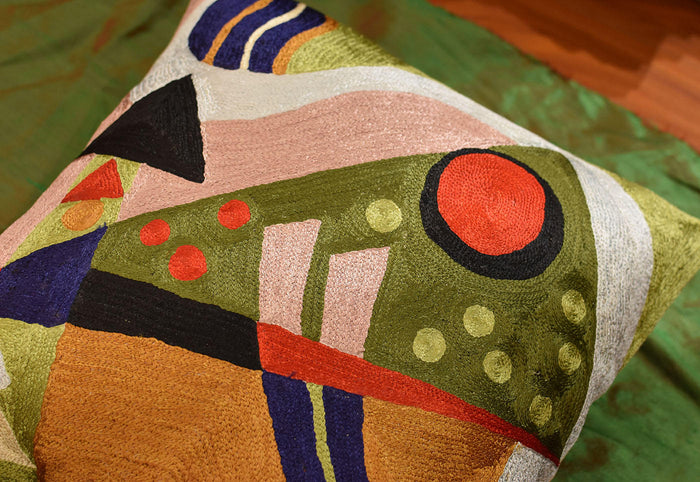 Kandinsky Green Composition II Pillow Cover Handembroidered Art Silk 18"x18" - KashmirDesigns
