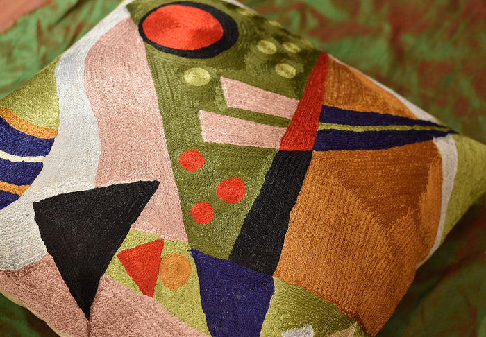 Kandinsky Green Composition II Pillow Cover Handembroidered Art Silk 18"x18" - KashmirDesigns