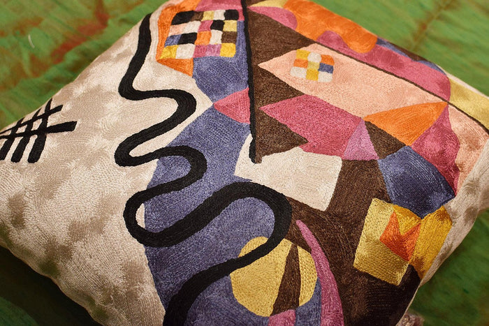 Kandinsky Ivory Decorative Pillow Cover Hand embroidered 18" x 18" - KashmirDesigns