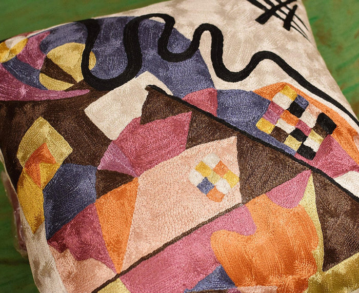 Kandinsky Ivory Decorative Pillow Cover Hand embroidered 18" x 18" - KashmirDesigns