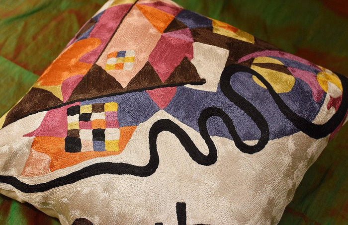 Kandinsky Ivory Decorative Pillow Cover Hand embroidered 18" x 18" - KashmirDesigns