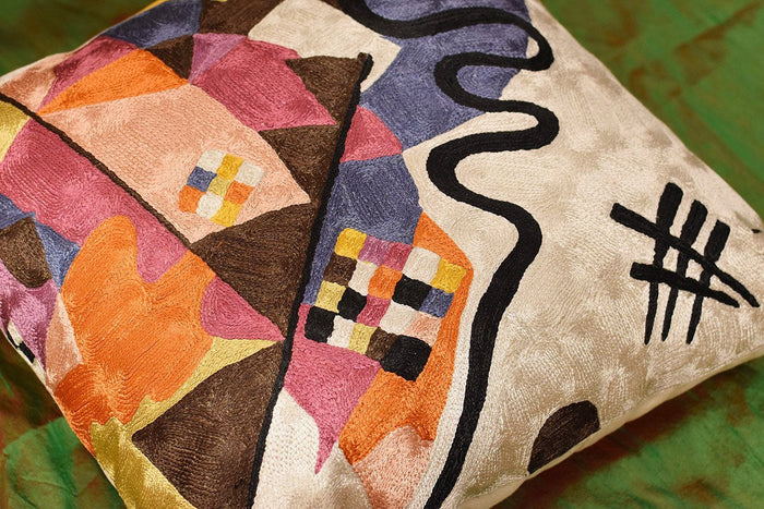 Kandinsky Ivory Decorative Pillow Cover Hand embroidered 18" x 18" - KashmirDesigns